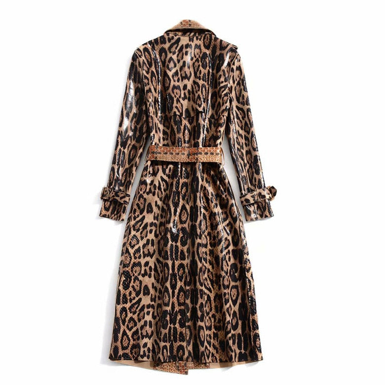 Long Sleeve Lapel Leopard Print  Lace-Up Trench Coat