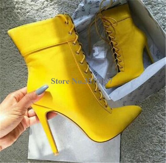 Pointed Toe Suede Leather Stiletto Heel ShortLace-up High Heel Ankle Boots