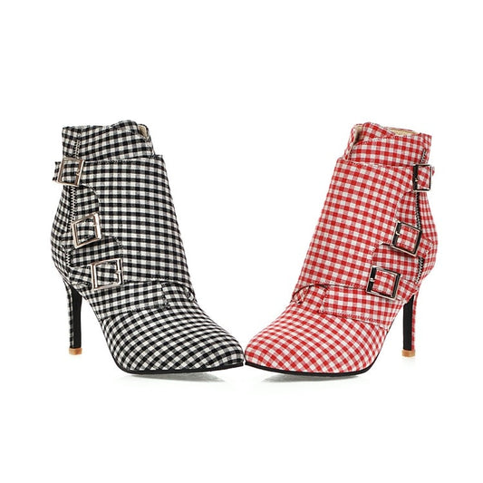 Cloth Plaid Ankle Zip Buckle Stiletto High Heel Boots