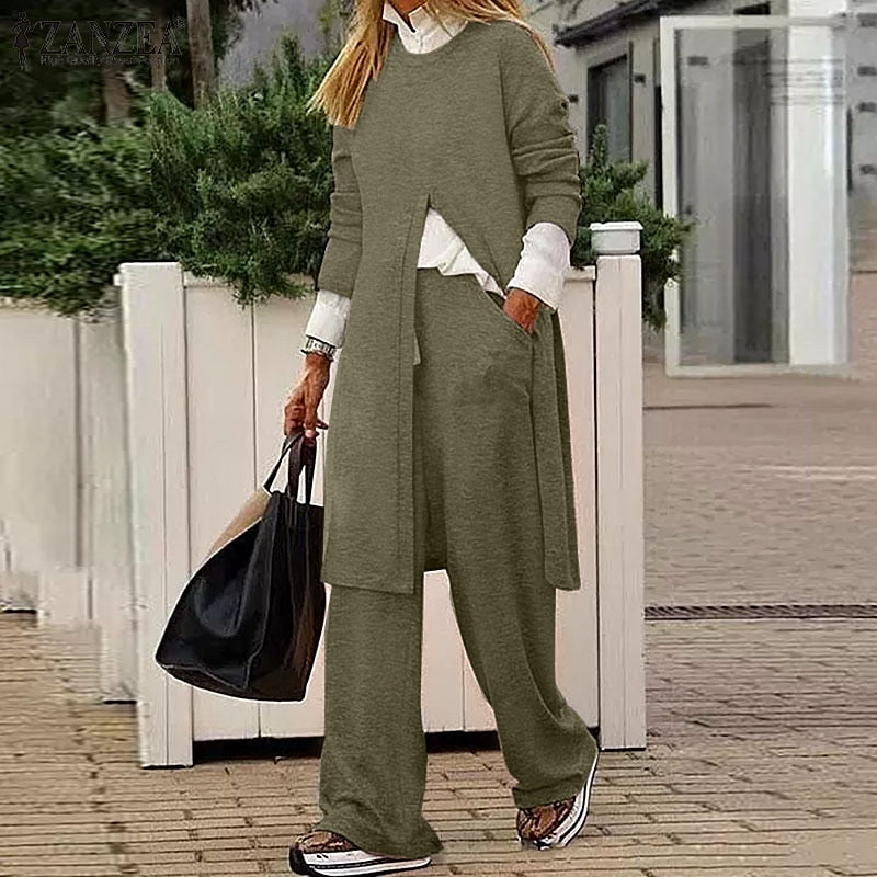 Casual Matching Long Sleeve Blouse And Wide Leg Trouser Pant Set
