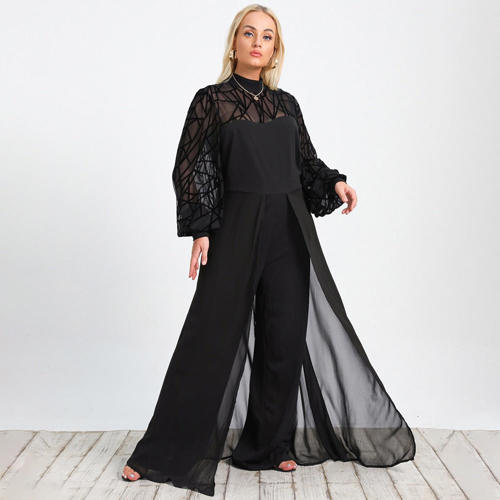 High Waist Mesh Yoke Wide Leg Black Lantern Sleeve  Jumpsuit