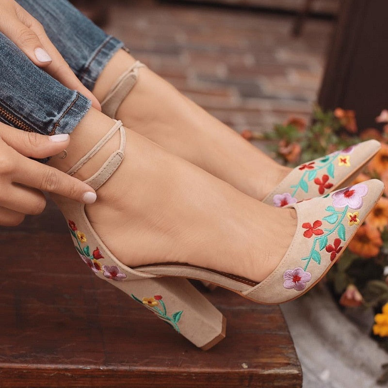 High Heels Embroidery Flower Ankle Strap Shoes
