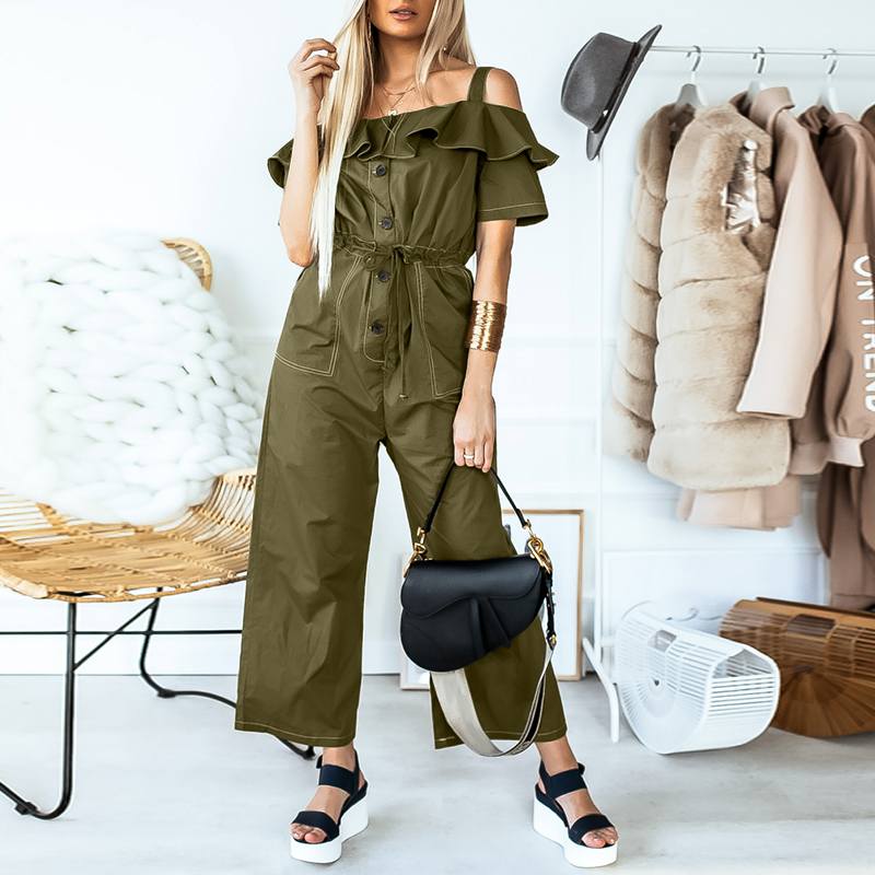 Off-Shoulder Straps Casual Daily Cargo Ruffles Jumpsuit