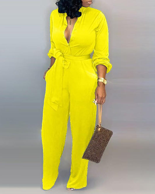 Buttoned Long Sleeve Wide Leg  Jumpsuit