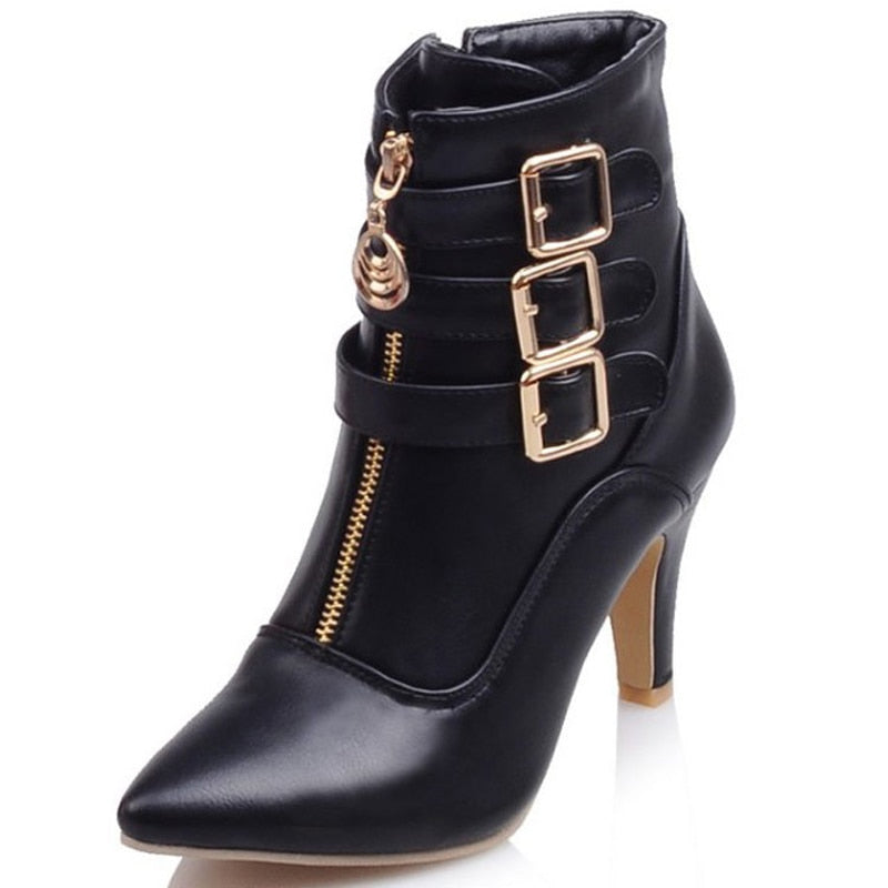 Pointed Toe High Heels Zip Up Ankle Boots
