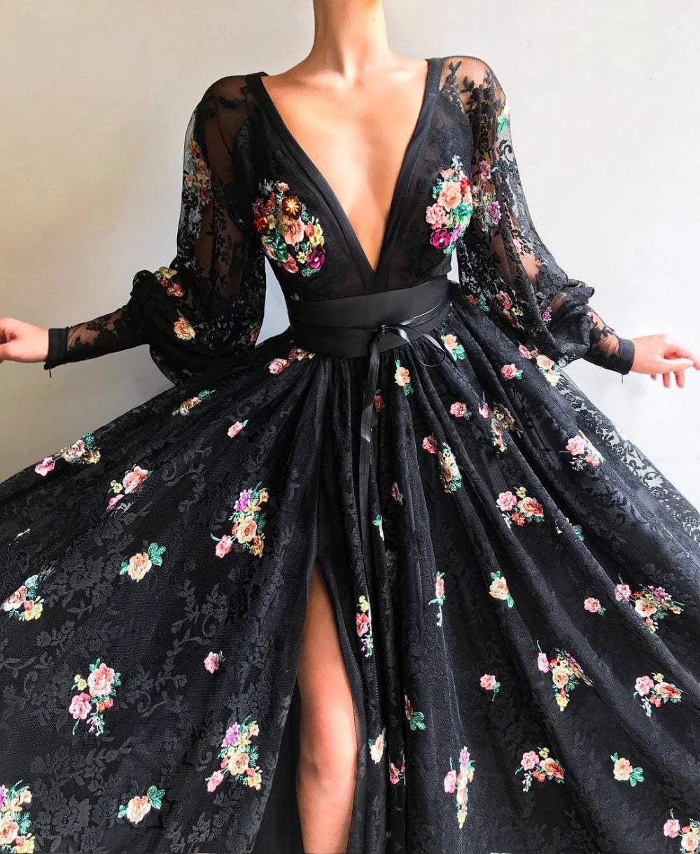 Elegant Deep V-Neck Appliques Lace High Slit Dress