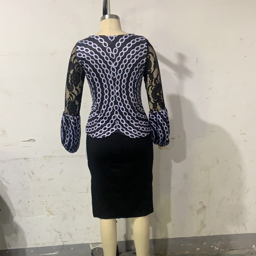Two Piece O Neck Long Sleeve Lace Print Top & Split Skirt Set