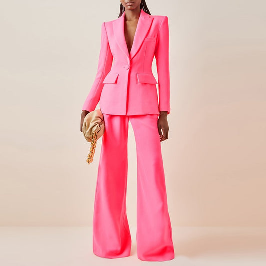 Single Button Blazer Flare Pants Suit Two-piece Hot Pink