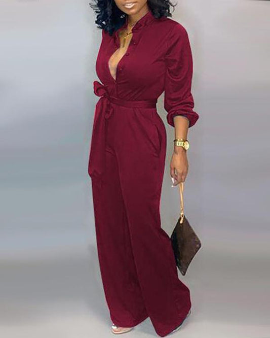 Buttoned Long Sleeve Wide Leg  Jumpsuit