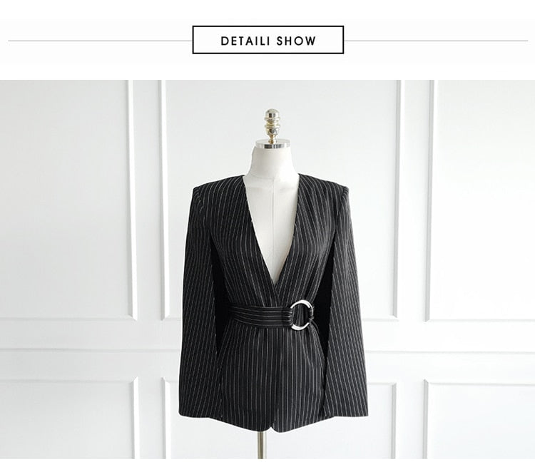 V Neck Stripe Shawl Cloak Sleeve Blazer & Full Length Pants Suit