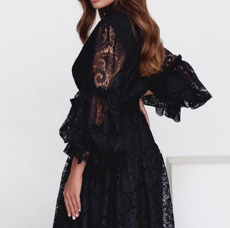 Lace Long Hollow Out Single Breasted Long Sleeve Maxi Dress