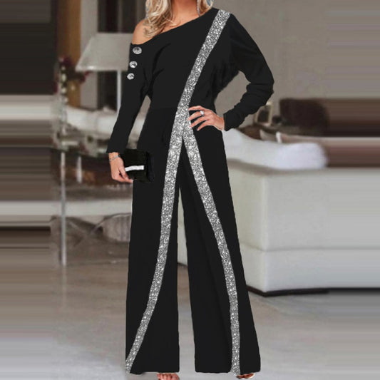 Elegant Striped Sequin Slash Neck Long Sleeve Wide Leg Rompers