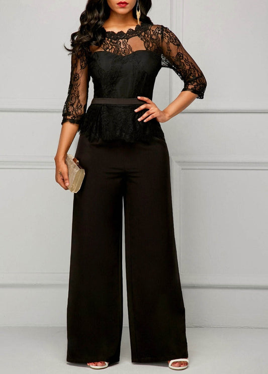 Long Sleeve Lace Wide Leg Pants Romper