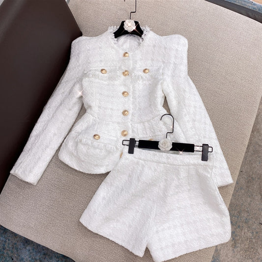 Tweed Blazer Jacket And Shorts Set