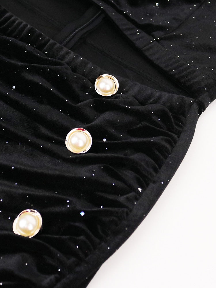 Velvet Elastic High Waist Long Sleeve Glitter Navel Pleated Skirt Set