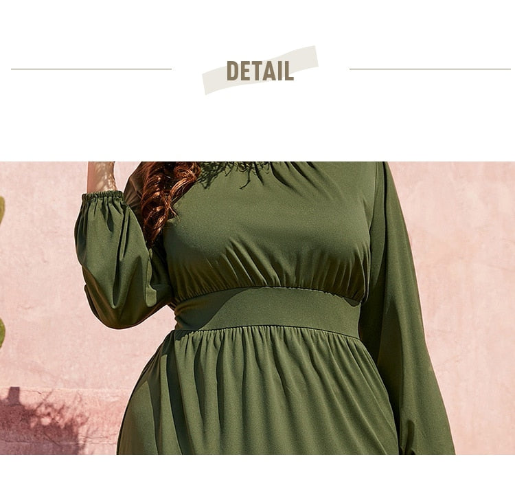 Pleated Design High Waist O-Neck Stylish Long Lantern Sleeve Dress