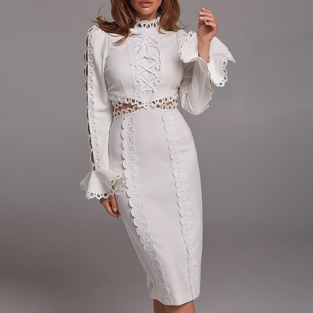 Retro Round Neck Lace Hollow Sleeved Dress