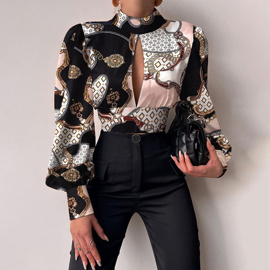 Backless Hollow Print Long Sleeve Blouse