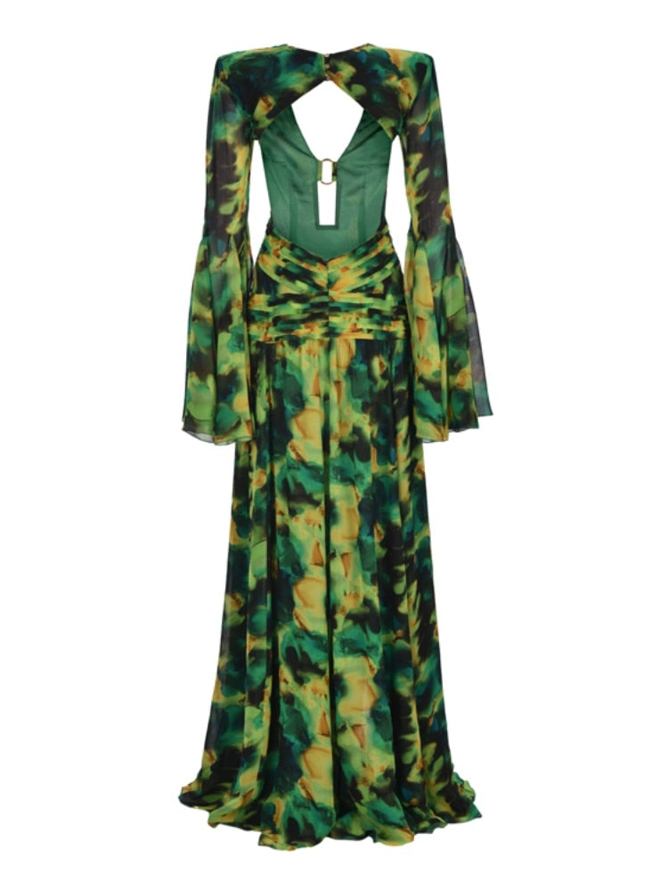 Forest Printed V Neck Hollow Out Backless Split Long Dress