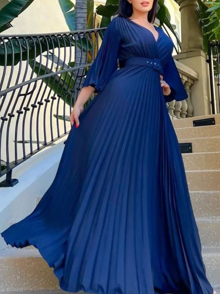 Pleated V Neck Long Flare Sleeve with Belt Maxi Dress