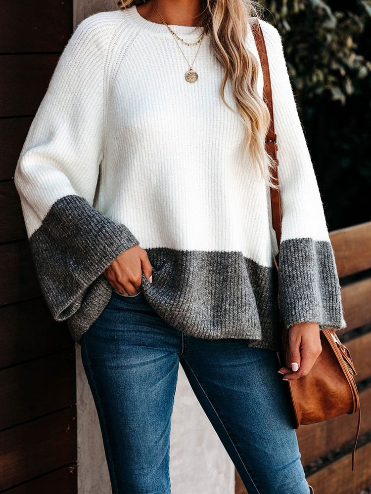 Patchwork Pullover Knitted Bohemian Flare Sleeve Sweater