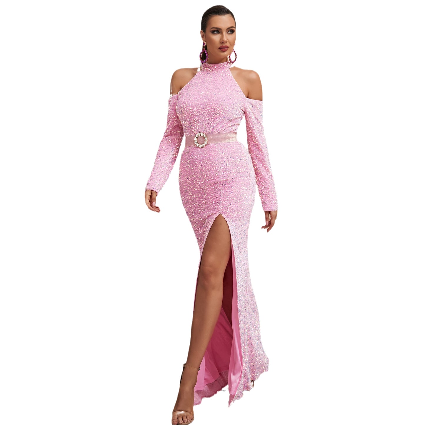 Pink Hanging Shoulder Sequin Hollowed Out Dress