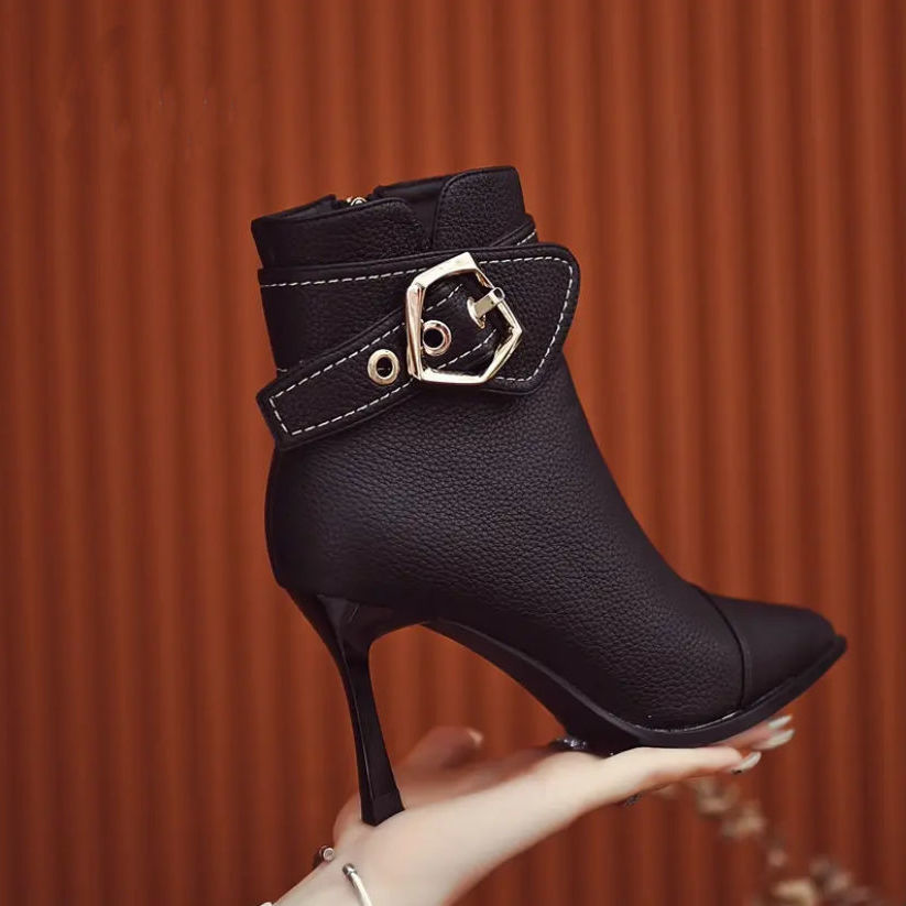 Pointed Toe Belt Buckle Stiletto Ankle Boots