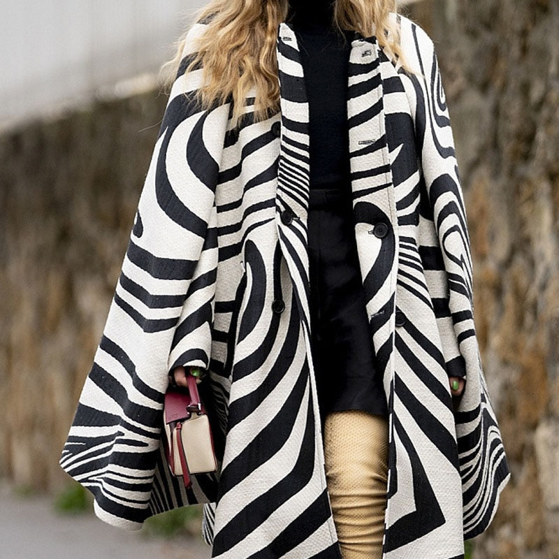 Wool Stripe Long Sleeve Scarf Collar Streetwear Coats