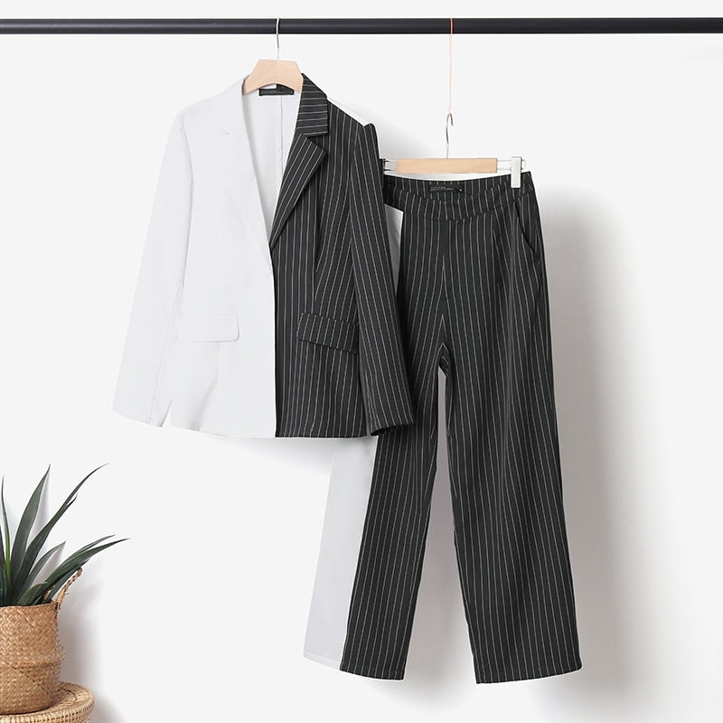 Lapel Stripe Printed Full Sleeve And Wide Leg Pants Vintage Suit