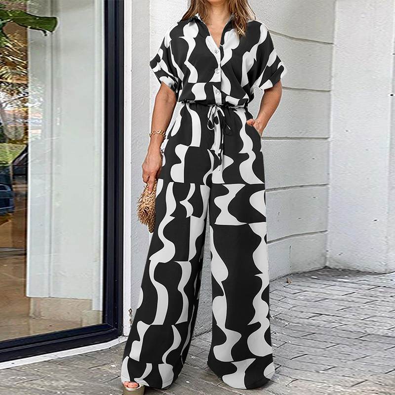 Wide Leg Pant Belted Button-Up Rompers