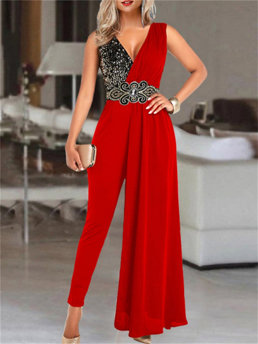 Sequin Print V-neck Jumpsuit