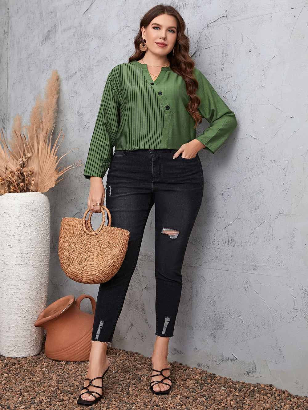 Notched Neck Button Front Striped Blouse