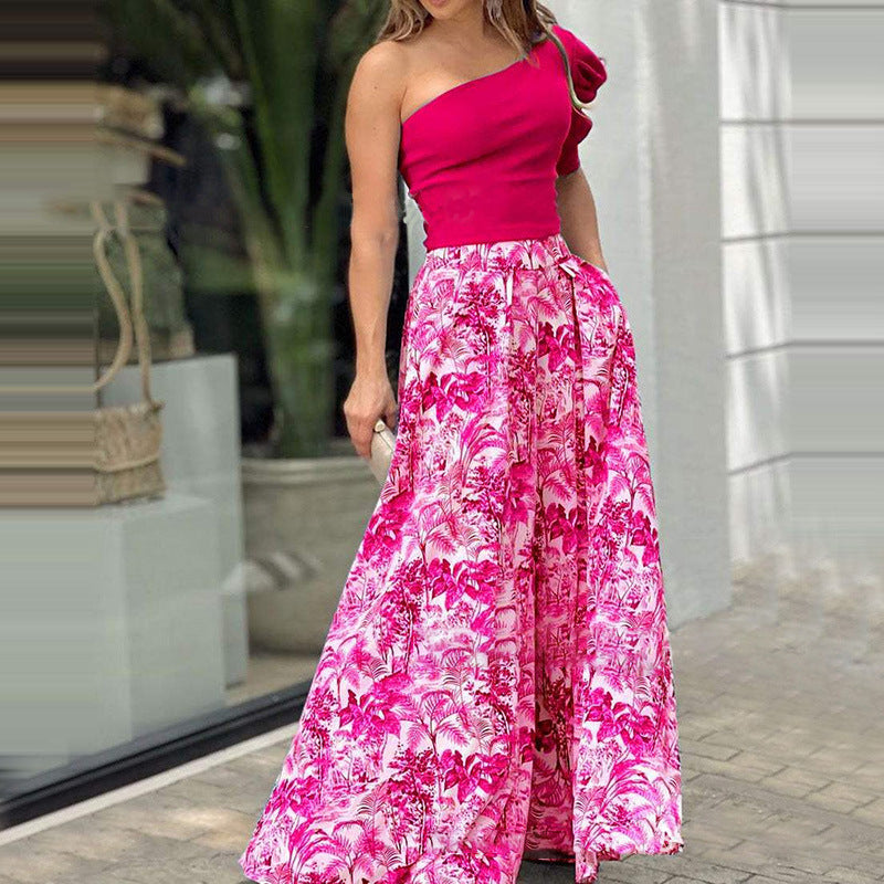 One Shoulder 2 Piece Casual Ruffles Sleeve Top & Print Wide Leg Pants Sets