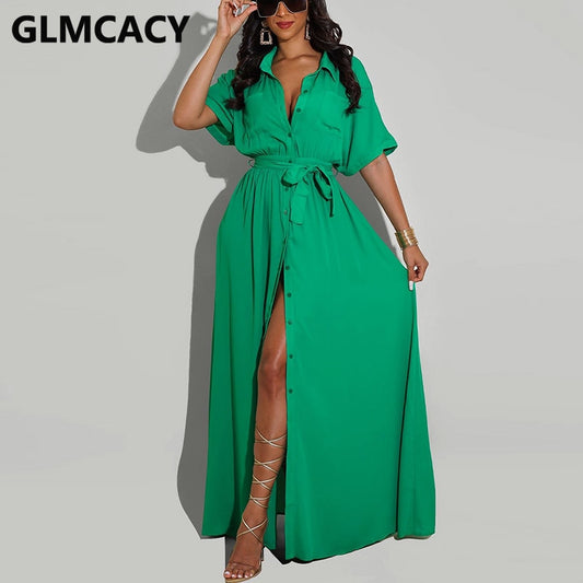 Short Sleeve Button-Up Shirt High Slit Maxi Dress