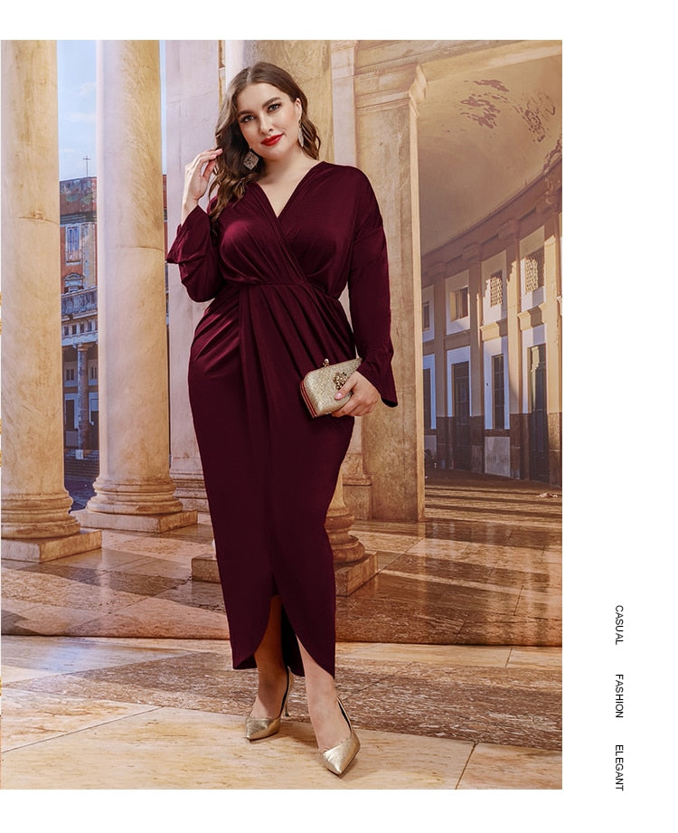 Pleated Design V-Neck Stylish Long Sleeve Dress