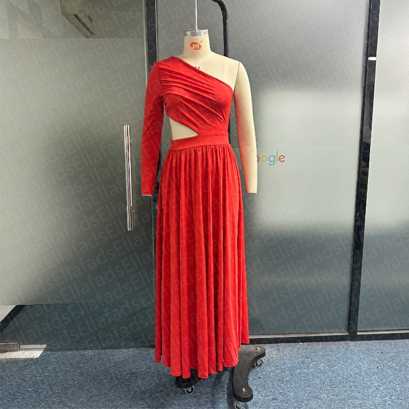 Single Shoulder Long Sleeve Hollow Out Pleated Maxi