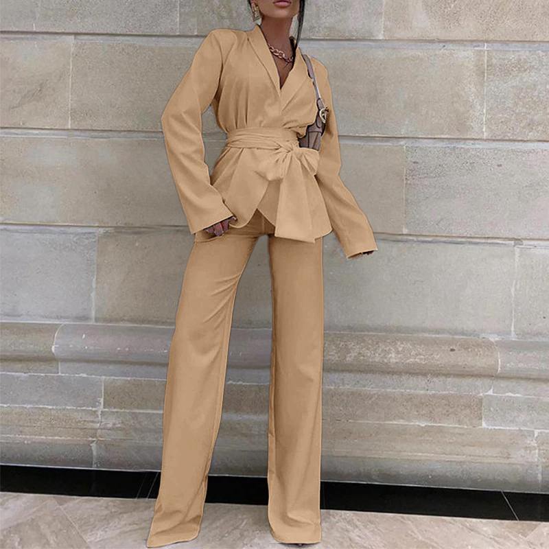 Long Sleeve Top and Two Piece Casual Belted Suit Pant Sets