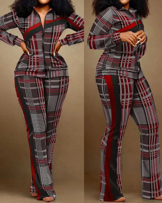 Print Two Piece Sport Style Zipper Top And Sweatpants Set