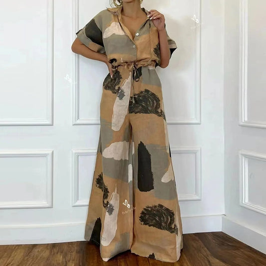 Printed V Neck Wide-leg Long Pants Casual Lace Up Jumpsuit