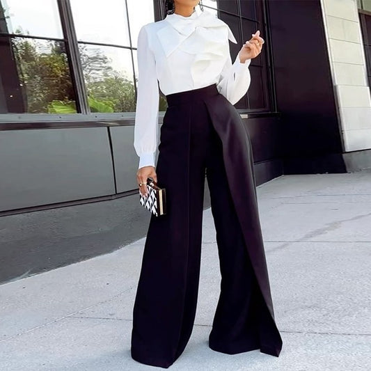 Two Piece Bow Lantern Sleeve Blouse And Pants Set