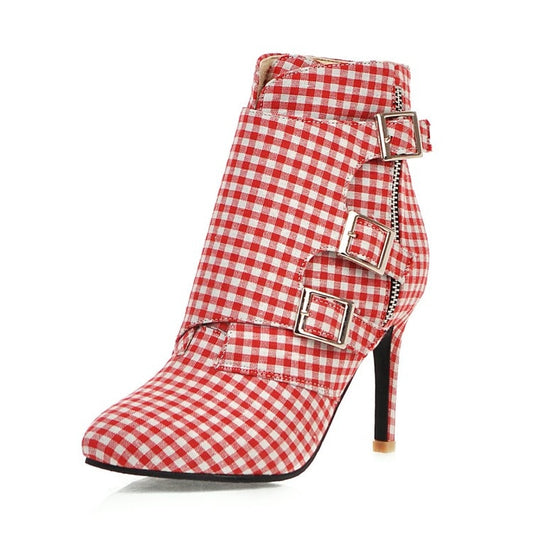 Cloth Plaid Ankle Zip Buckle Stiletto High Heel Boots