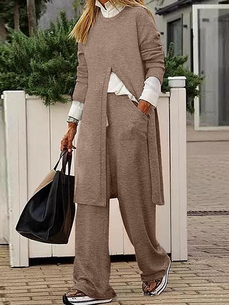 Casual Matching Long Sleeve Blouse And Wide Leg Trouser Pant Set