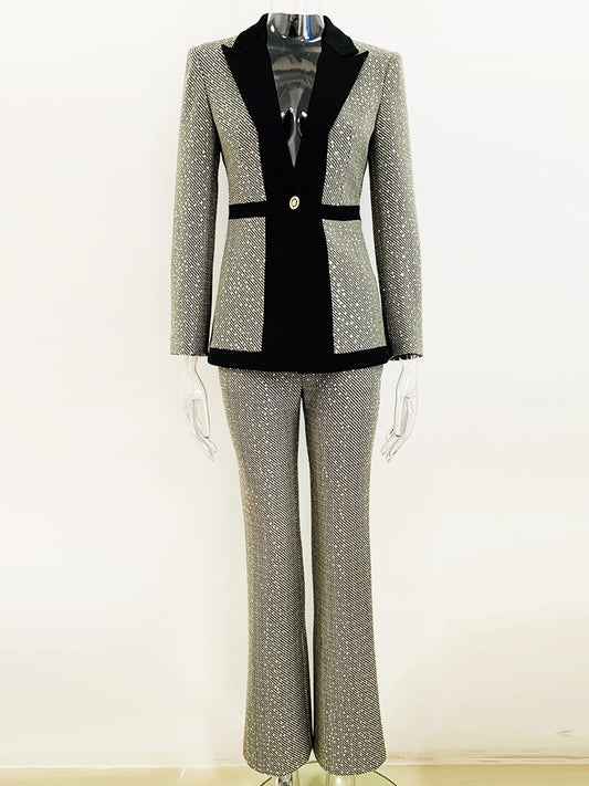 Color Block Sequined Blazer Pants Suit