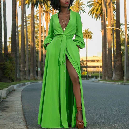 Deep V-neck Bow Tie High Split Maxi Dress