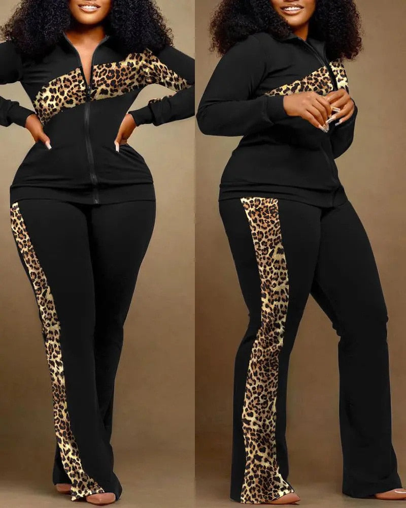 Print Two Piece Sport Style Zipper Top And Sweatpants Set
