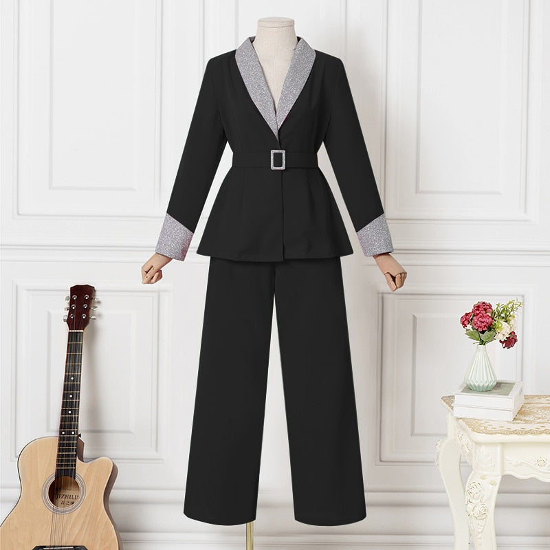 Long Sleeve Blazer And Flare Leg With Belt Palazzo Pants Suit