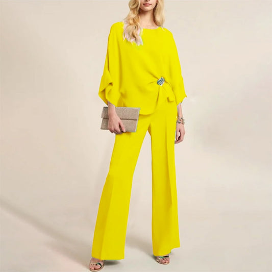 Autumn O Neck Elegant Flare Sleeve Blouse and Wide Leg Pants Set