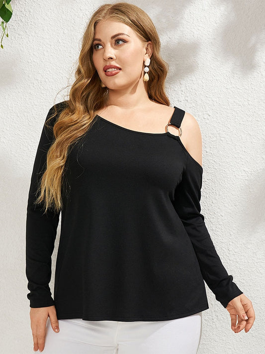 Off-Shoulder Long Sleeve Ring Design Tunic Casual Blouse