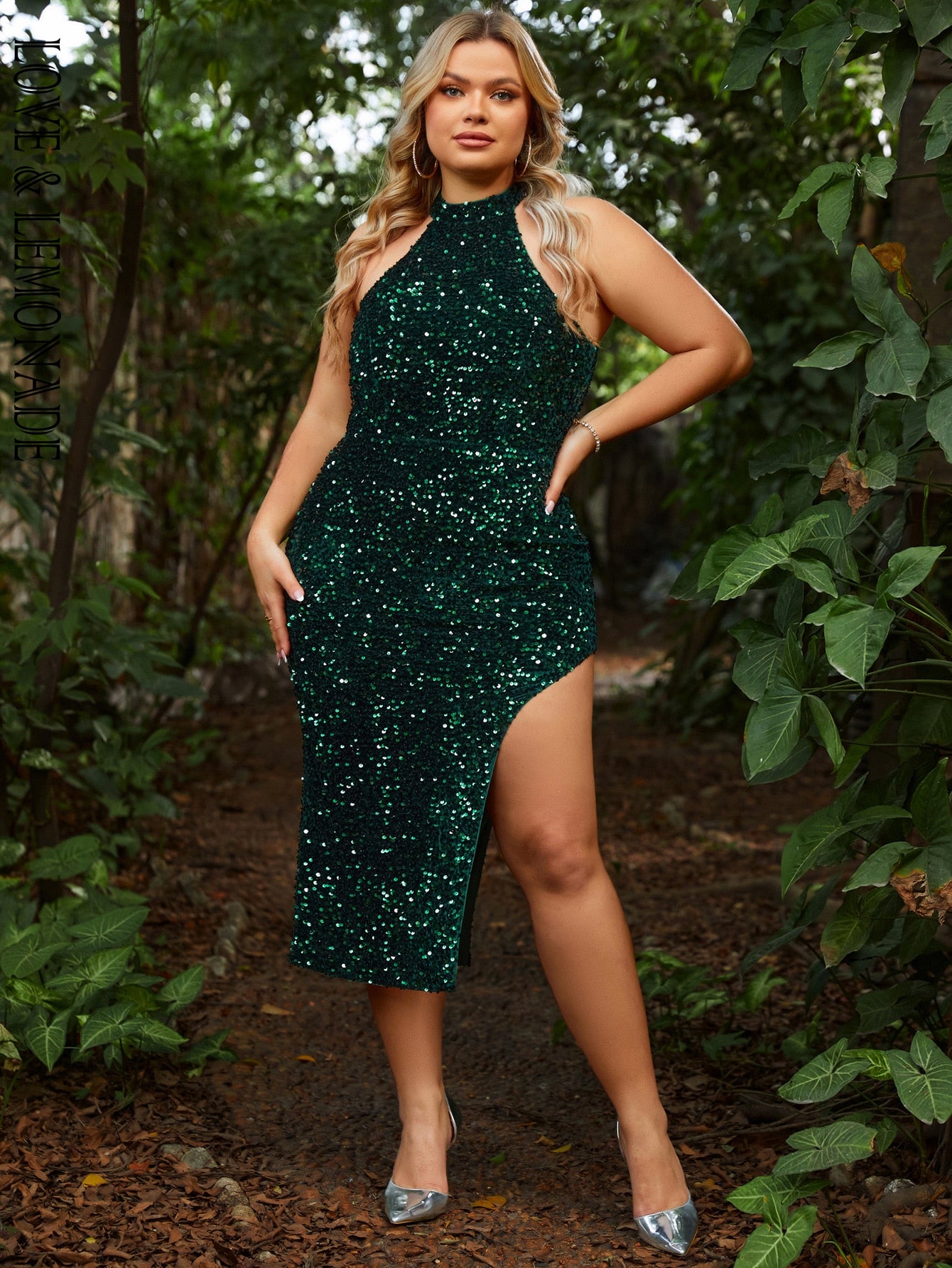 Halter Neck Sleeveless Sequin Split Mid Dress