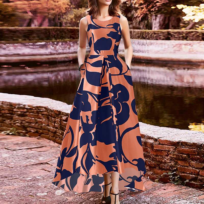 Asymmetrical Hem Bohemian Floral Sleeveless Printed Dress